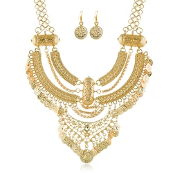 Bohemian Coin Tassel Statement Jewelry Set with Choker Necklace and Drop Earrings (Gold)