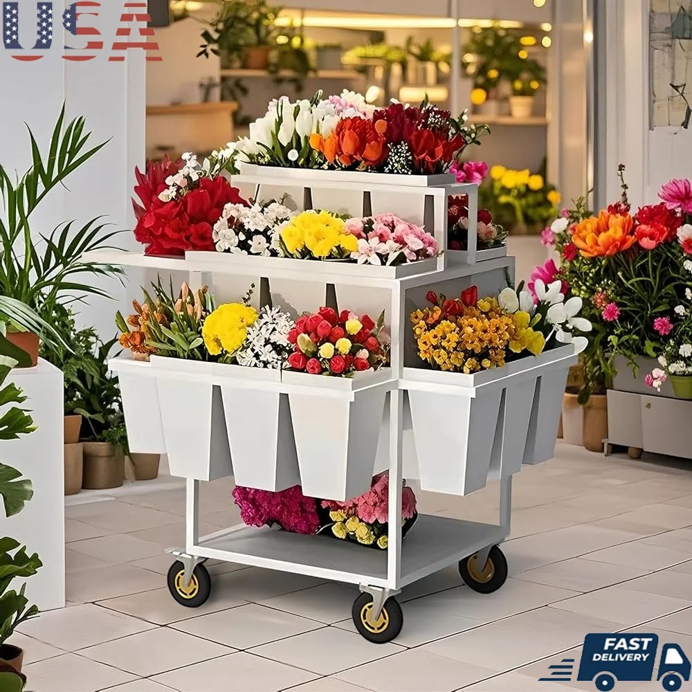 Metal Flower Display Cart 6 Tier Stand with 18 Buckets Rolling Plant Shelf Indoor Outdoor Gardening Decor