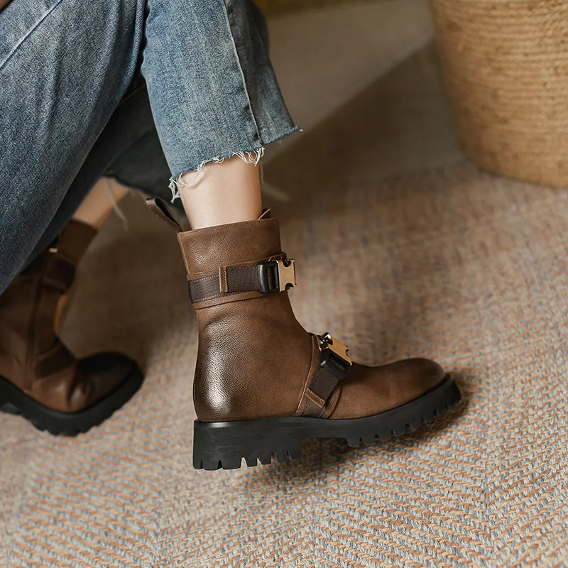 

2022autumn and winter Women ankle boots natural leather 22-25cm vintage brushed cowhide chunky heels platform boots Knight boots