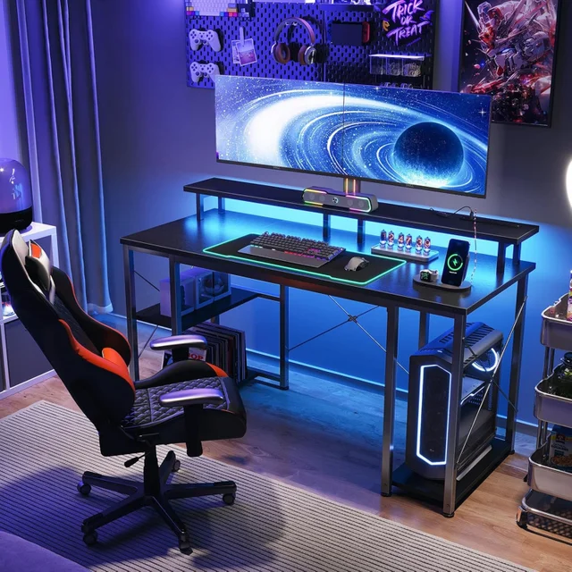 48 Inch Game Table Belt LED Lamp and Power Socket,Computer Desk with Monitor Stand and Storage Knife,CPU Bracket,Home Desk,Black 5