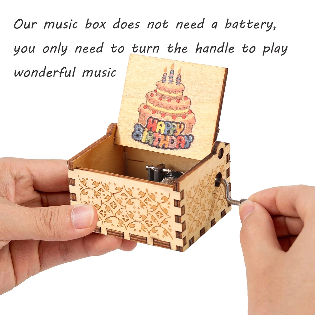 Happy Birthday Musical Ornaments Antique Wooden Engraved Hand Cranked Music Box