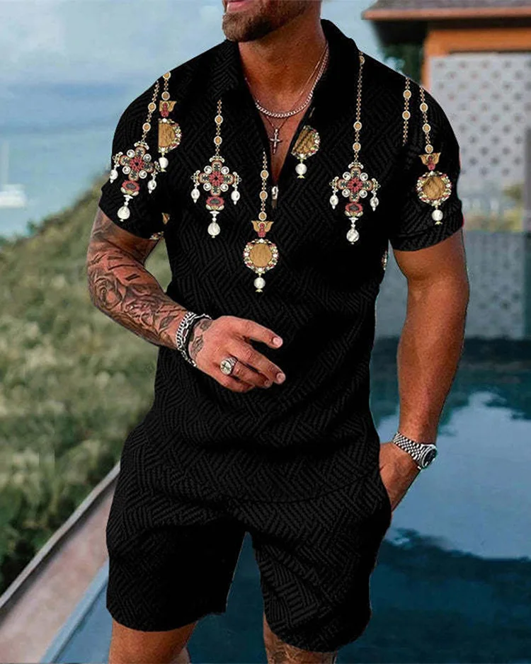 Men's Summer New Sports Suit Casual Summer Short Sleeve Polo Shirt Shorts Suit Two-piece Men's Geometric Printed Clothing Men's