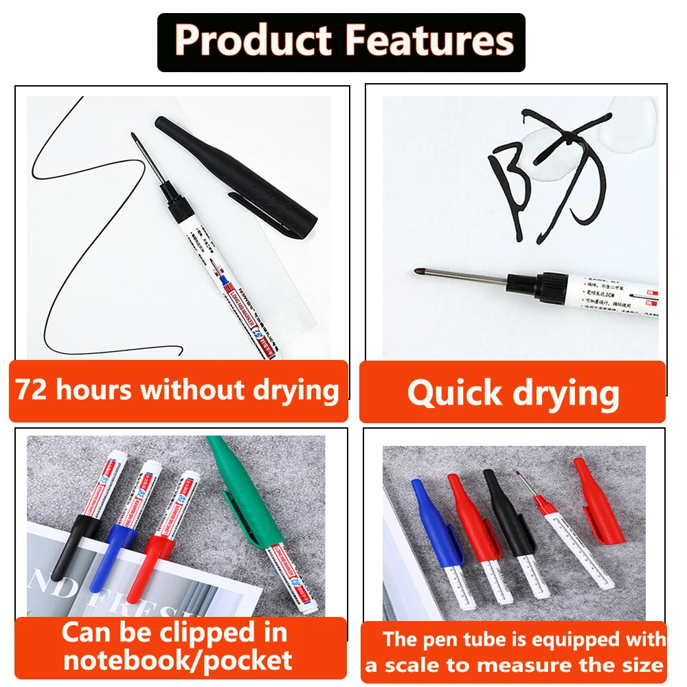 32mm Waterproof Long Nib Carpenter Pen Head Deep Hole Marker Pens Black/Blue/Red Ink for Woodworking Hand Tools