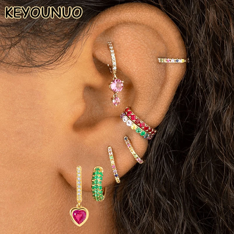KYOUNUO Gold Silver Filled Heart Drop Dangle Earrings Set For Women EarCuff Colorful Zircon Hoop Earring Party Jewelry Wholesale