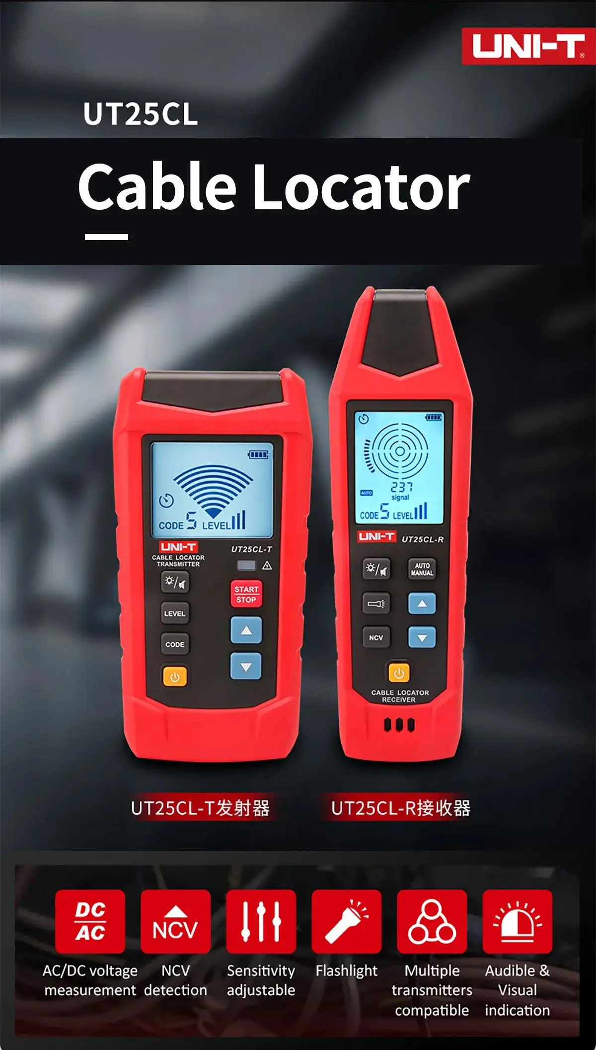 UNI-T UT25CL Handheld Cable Locator NCV Non-contact Electrical Test Electrical Safety Detector Trace Underground Cable Paths 4