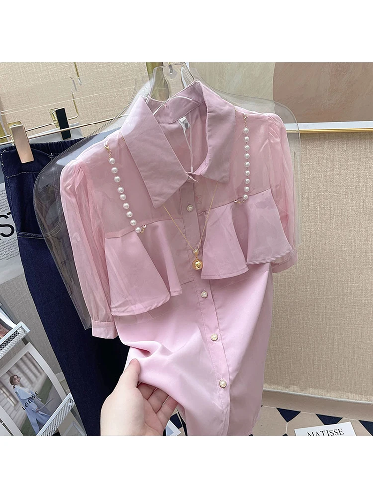 

Streetwear Patchwork Ruffles Turn-down Collar Button Puff Sleeve Shirts Women's Spring Summer Loose Printing Casual Blouses