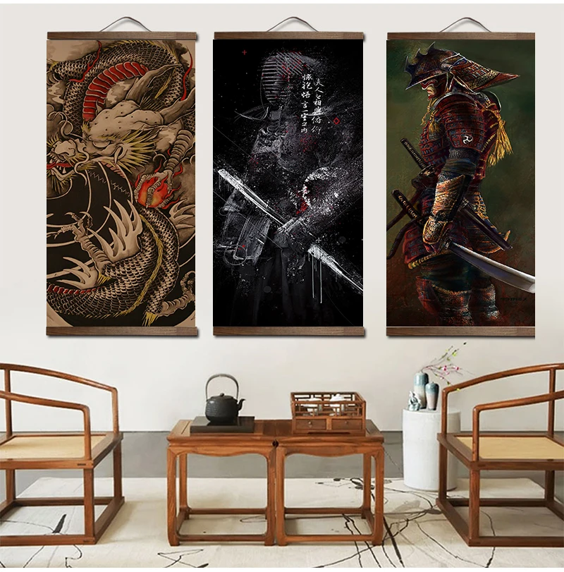 Home Decor Nordic Style Canvas Picture Printed Japanese Samurai Dragon Scroll Hanging Painting For Living Room Wall Art Poster