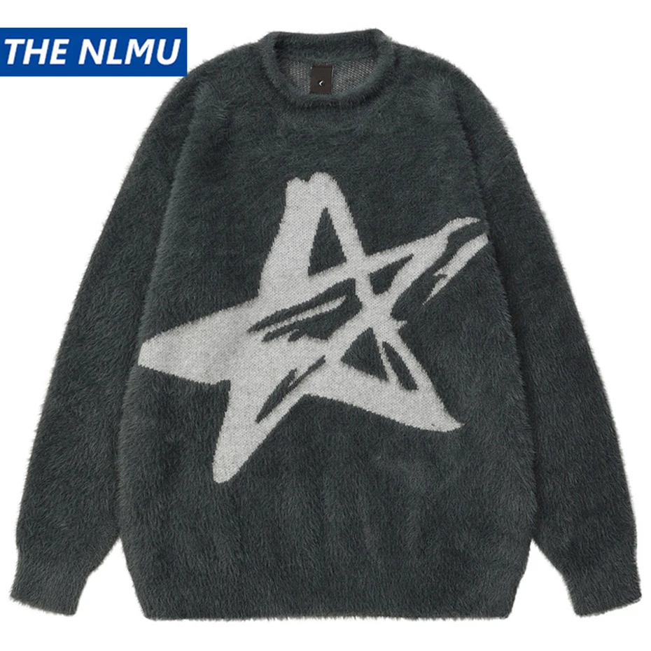 

Fluffy Mohair Sweater Star Graphic Harajuku Hip Hop Streetwear Oversized Sweater Knitted Pullover Y2K Jumper 2023 Autumn Winter
