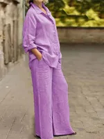 Ensemble 2 pièces en coton et lin pour femmes, chemise à manches longues, jambe large, mode féminine, bureau, printemps, automne 5