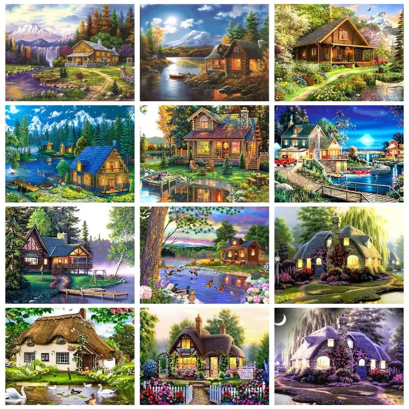 Photocustom Painting By Numbers Mountain Cabin Con Kit Di Cornici Numeri Di Immagini Paesaggio Decorazione Della Casa Regalo Per La Casa