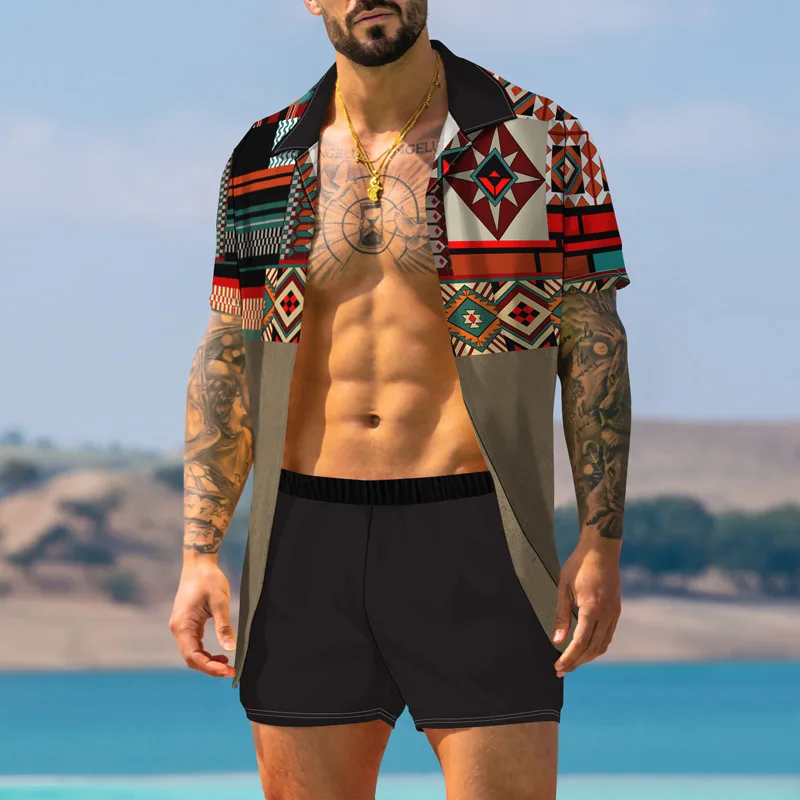 3D Shirt set Men's plus-size vintage print short-sleeved shirt set Beach pants shirt two-piece set