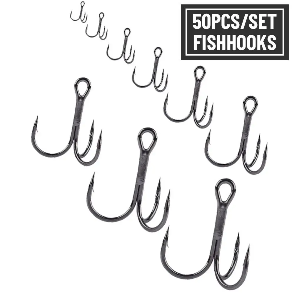 50PCS/Set Black Nickel Barbed Hooks Sharpened Fishhooks Fishing Tackle Treble Jig High Carbon Steel
