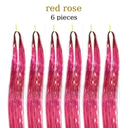 48-Inch Sparkling Hair Tinsel Kit with 1200 Strands and Styling Tool (12 Vibrant Colors) - 48inches-6 pcs (Rose)