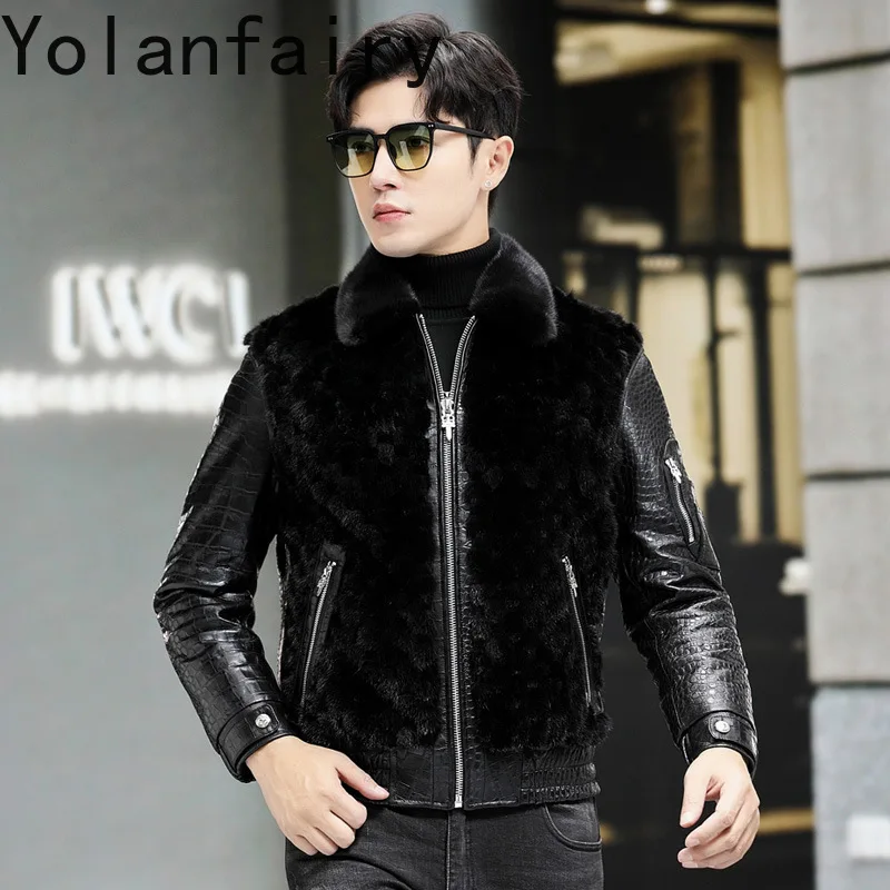 YOLANFAIRY Real Mink Fur Jacket Mens Genuine Leather Sheepskin