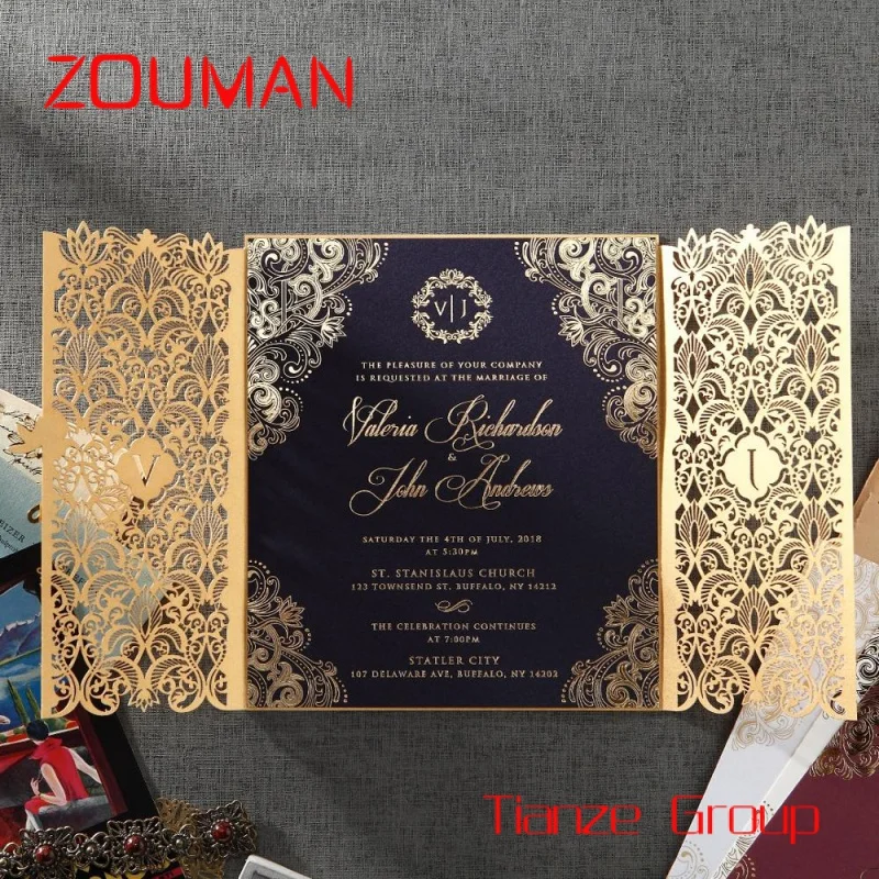 

Custom , Elegant royal gold wedding invitations blue wedding invitations luxury laser cut wedding invitations with affordable pr