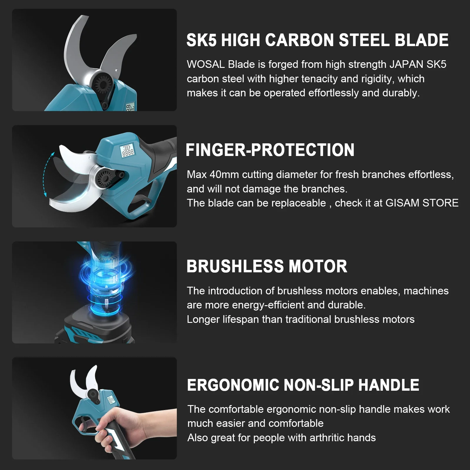 40mm Brushless Electric Pruning Shears 2 Gears Cordless Rechargeable Fruit Tree Bonsai Pruning For Makita 18V Battery Pin electric pruning shears,electric pruner,pruning scissors