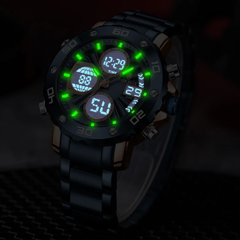 FOXBOX Fashion Military Watch Men Top brand Luxury Waterproof Sport Quartz Chronograph Clock Male Casual Dual Display Watch Men