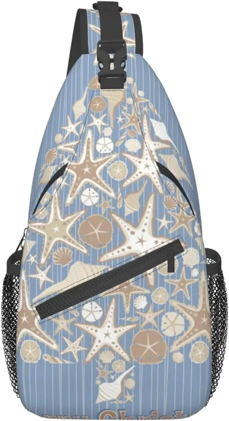 

Seashell Christmas Print Cross Chest Bag Diagonally Hiking Daypack Crossbody Shoulder Bag Sling Backpack Outdoor Cycling Bag