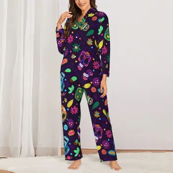 여성용 귀여운 해골 잠옷, 멕시코 해골 컬렉션, 귀여운 방 잠옷 용수철, 캐주얼 오버사이즈 프린트 홈 세트, 2 피스