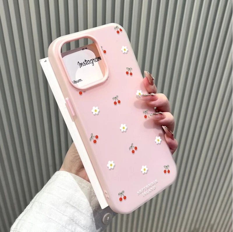 Flower Cherry Pattern Soft Matte Candy Color Phone Case