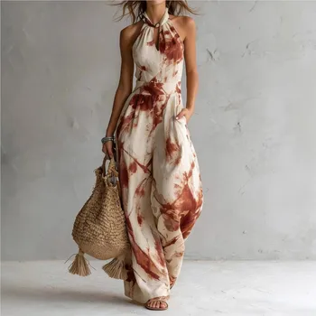 New Women's Watercolor Print Halter Jumpsuit Elegant Fashionable Sleeveless High Waist Loose Romper Summer Vacation Jumpsuit 1