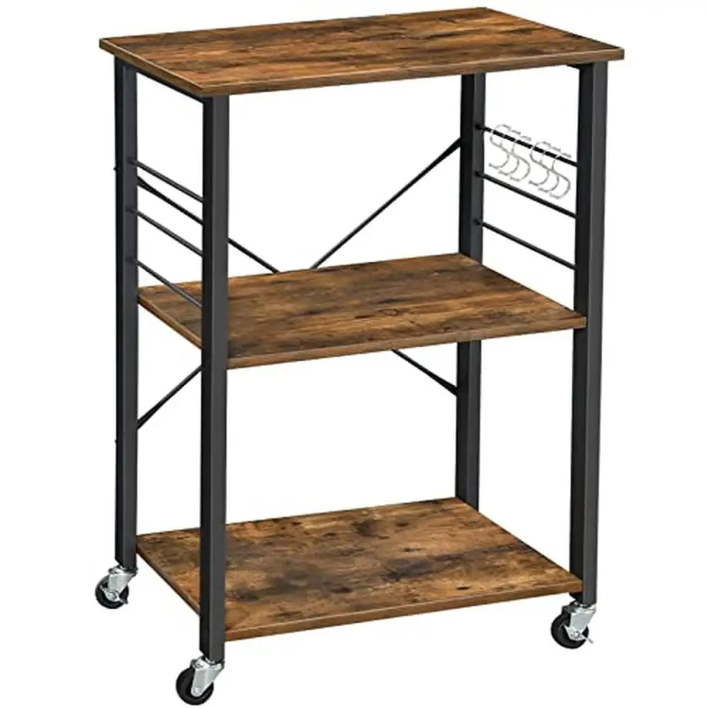 

3-Tier Rustic Brown Kitchen Shelf Cart with 4 Wheels and 6 S-Shaped Hooks Multi-Purpose Organizer Shelf Kitchen Utensils and