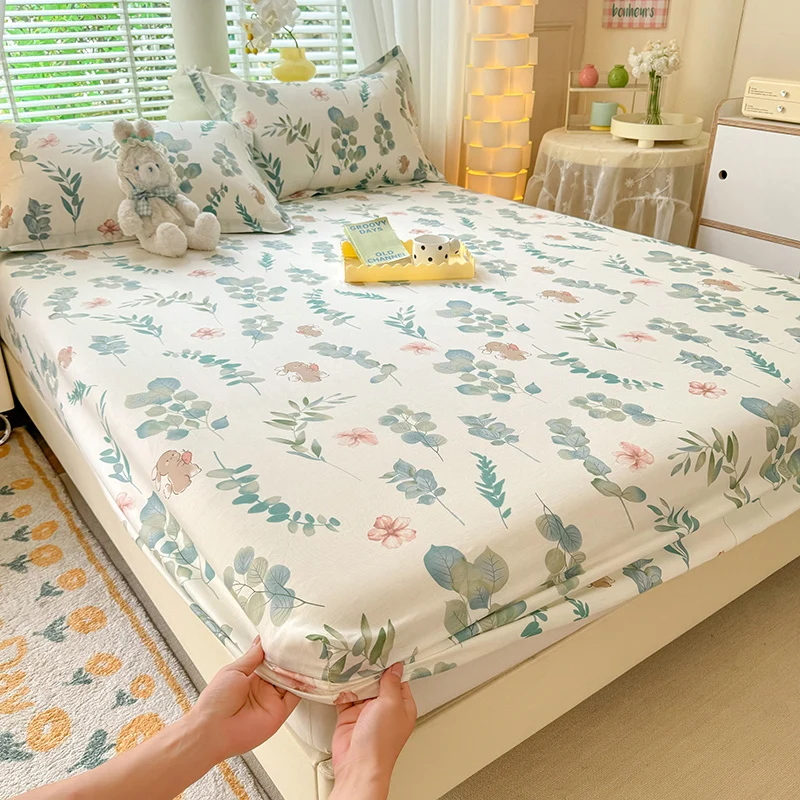 100% Cotton Fitted Sheet Floral Style Bedsheets Skin-friendly Elastic Bed Cover Home Bed Linen 1PCS (No Pillowcase) 2