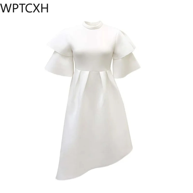

2024 Summer New Double-layer Lotus Sleeve Solid Color Swing Dress Round Neck Irregular Hemline Woman Clothing Medium Long Dress