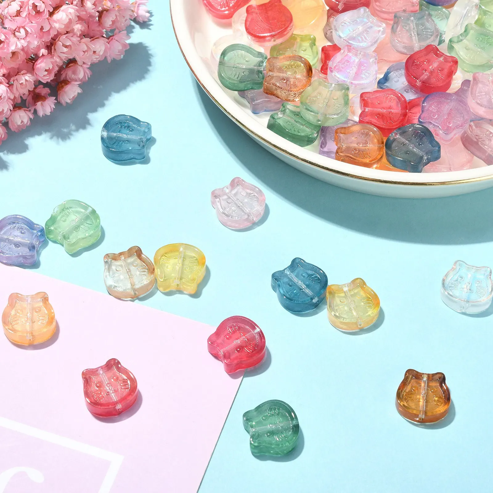 Pandahall 100Pcs Random Color Lampwork Glass Cat Head Beads Colorful Animal Pet Cat Beads Cat Face Beads for Jewelry Making DIY