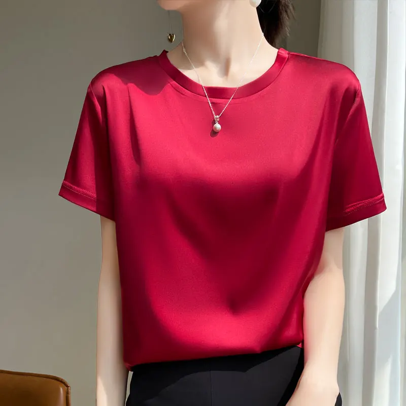 용수철 여성 반팔 티셔츠, 루즈한 아세트산 새틴 배킹과 화이트 이너 코트, 고급스러운 여름