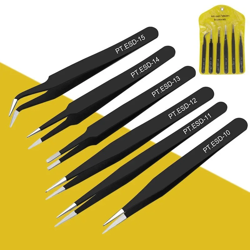 6pcs/set Black Portable Makeup Tweezers Tool Anti-static Stainless Steel Tweezers Practical Multifunction Eyelash Tweezer Tools