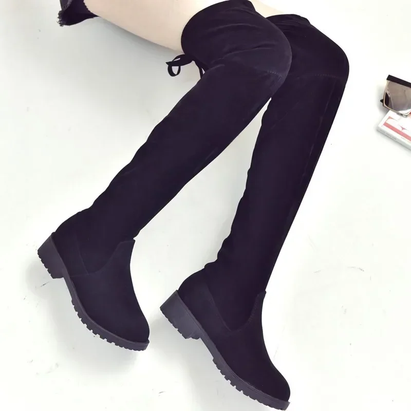 Women Boots Winter Black Over The Knee Boots New Comfort Lace Up Chunky High Heels Shoes Fashion Warm Suede Round Toe