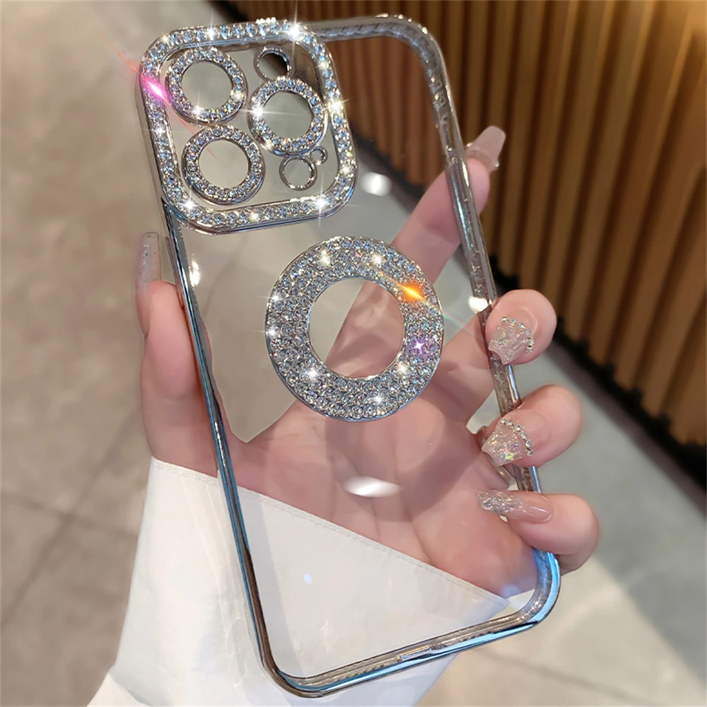 Plating Frame Bling Diamond Lens Beschermende Zachte Case Voor iPhone 15 14 Pro Max 13 12 11 Clear Shockproof Cover_voghion.com