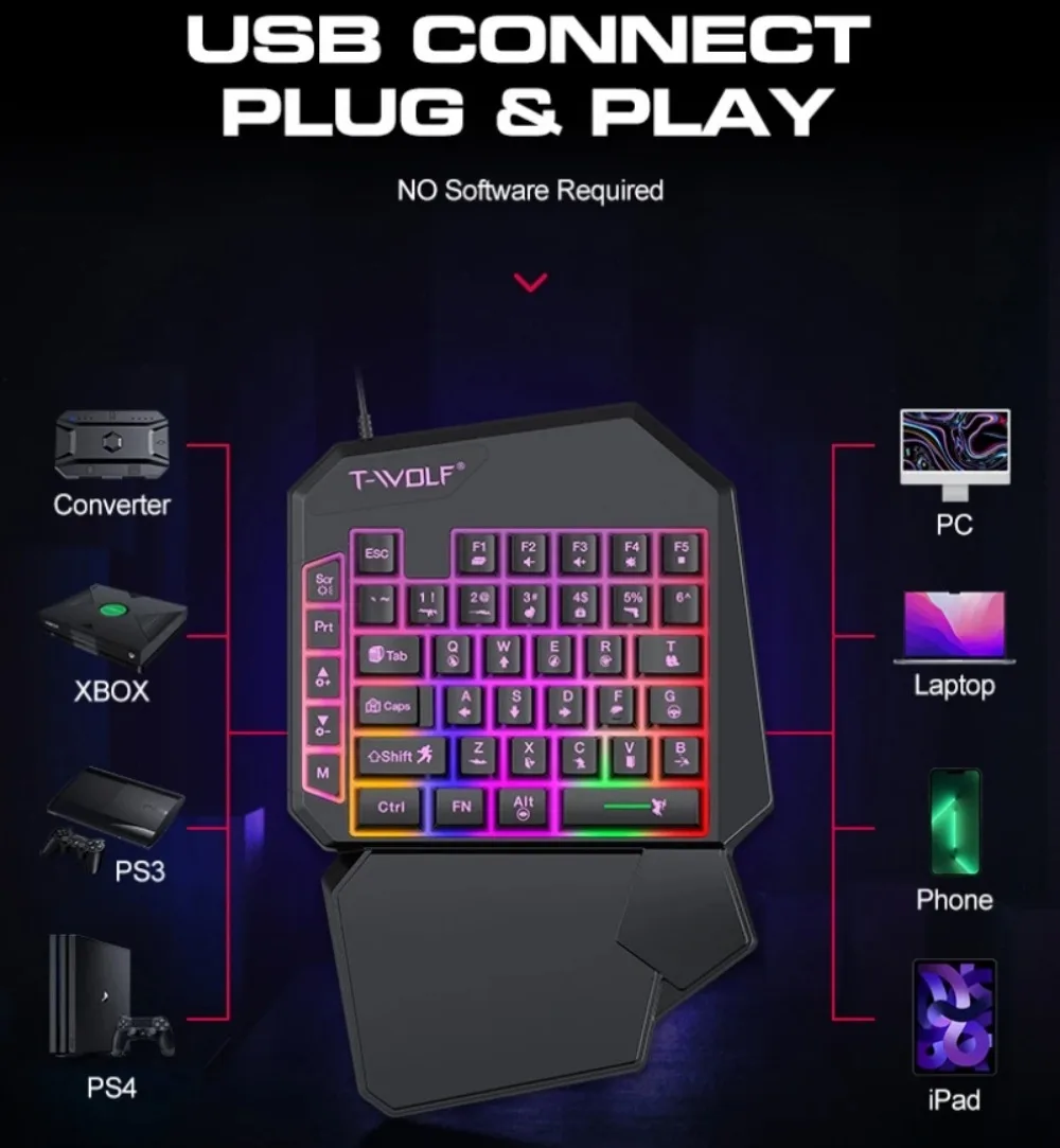 5 in 1 RGB 게이밍 키보드 마우스 콤보 한손 컨트롤러 컨버터 유선 저지연 PUBG 모바일 안드로이드 iOS PC용