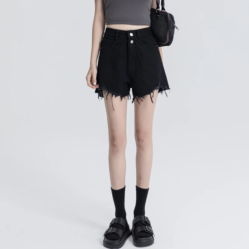 

Black denim shorts for women summer high waisted new double button ruffled A-line loose and slimming hot pants for spicy girls