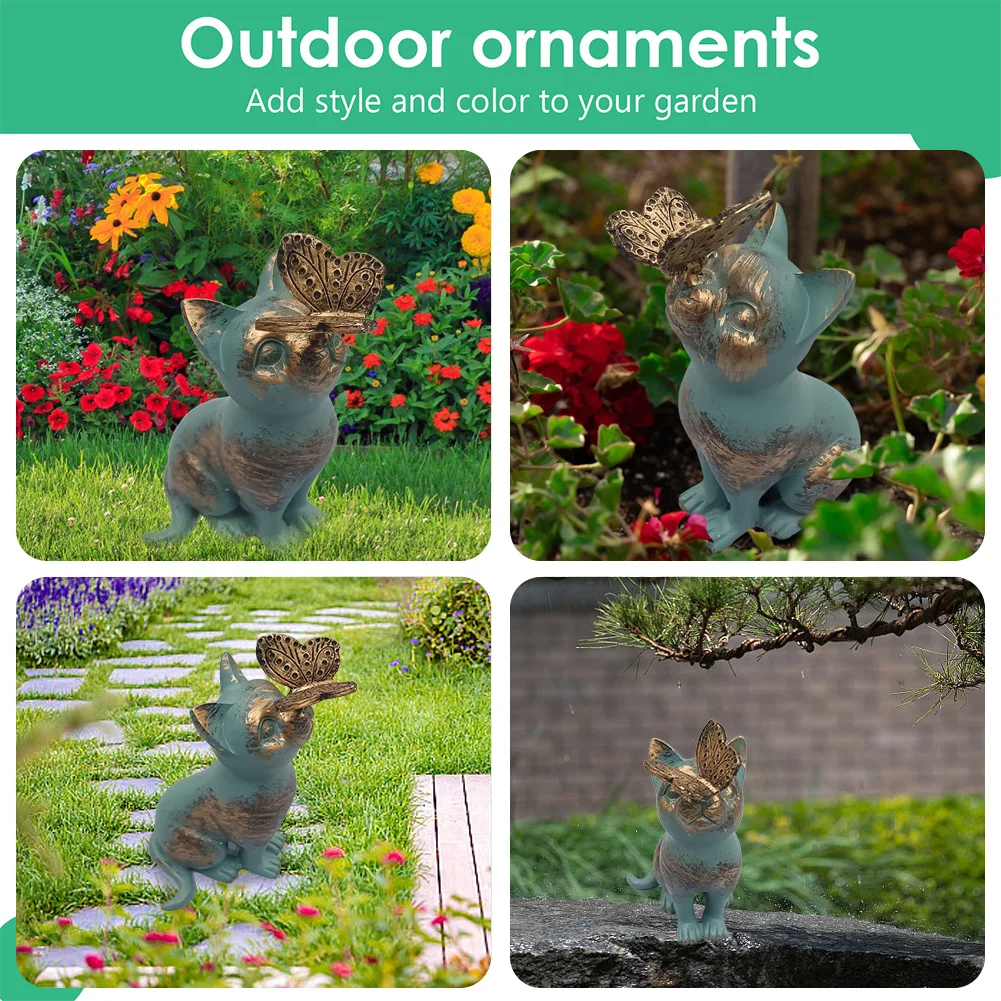 Resin Cat Butterfly Figurine Ornament Garden Landscape Kitten Statue Handicraft Waterproof Home Decor for Garden Yard