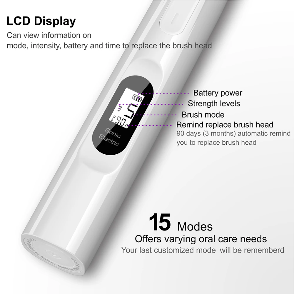 Sfeel 15 Modes LCD Screen Sonic Smart Electric Toothbrush Adult Timer USB Type C Rechargeable IPX7 Waterproof Whitening