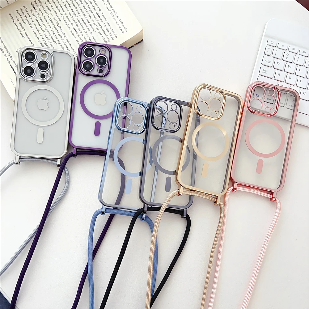 Elegant Magnetic Crossbody Lanyard with Plated Clear Wireless Charging Cover