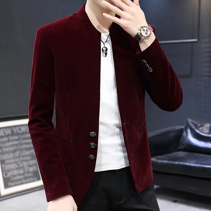 New boutique fashion handsome trend canary velvet small yuan collar suit Korean version slim handsome coat Yuan collar shirt 2