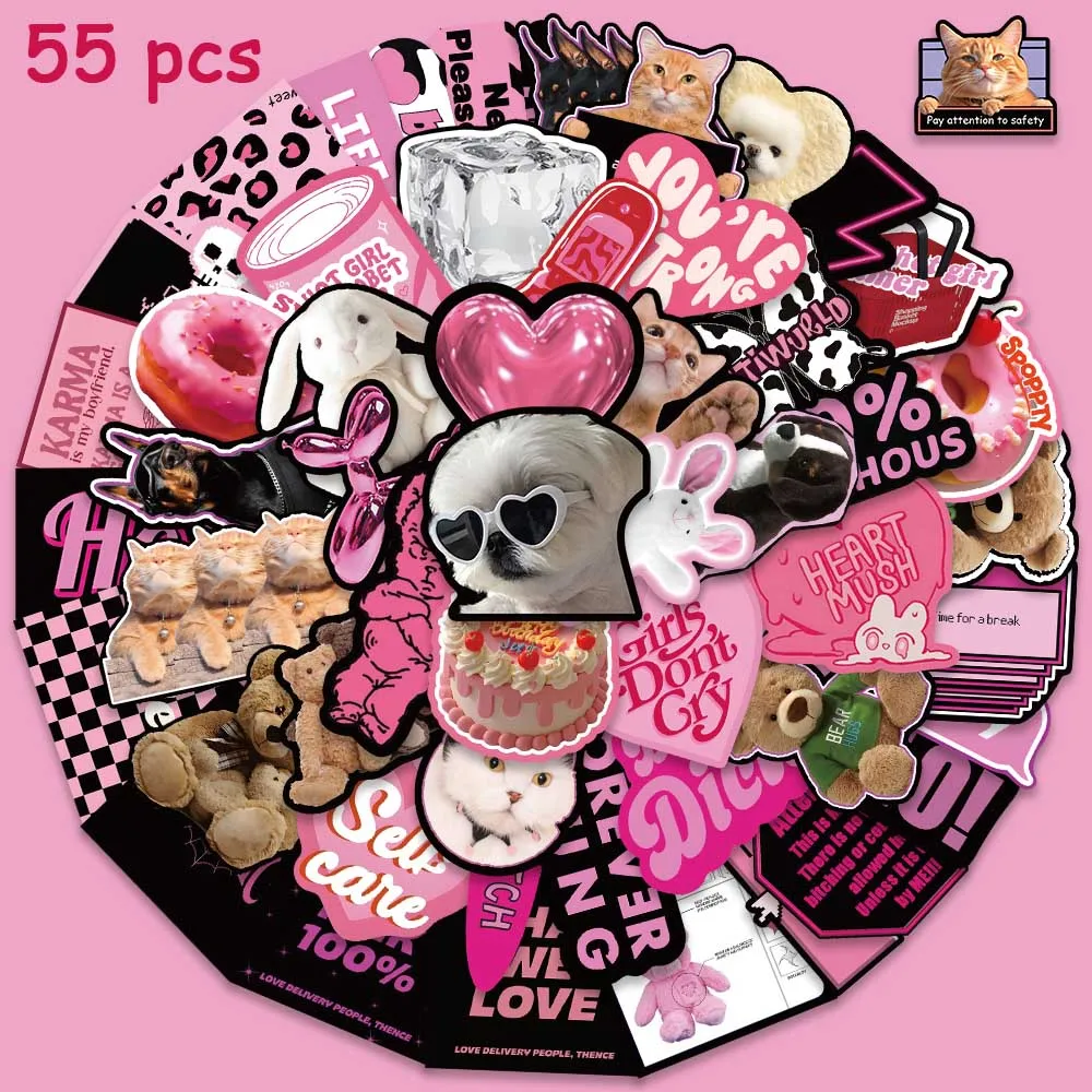 55pcs Pink English Phrases Girl Cartoon Graffiti Stickers Aesthetic Decals Water Bottle Laptop Luggage Fridge Diary Stickers 10 30 55pcs abstract wind collage stickers cartoon fridge guitar laptop motorcycle luggage skateboard pvc graffiti cool sticker