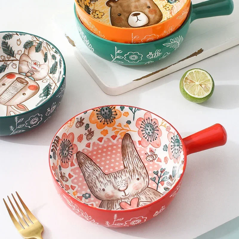 

Ceramic Tableware Animal Ceramic Handle Bowl Home Breakfast Salad Bowl Baked Rice Baking Bowl with Handle Noodle Bowl Tableware