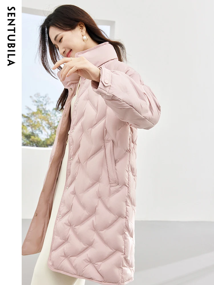 SENTUBILA Women's Winter Mid-Length Down Jacket 90 White Duck Down Coats 2023 Stand Collar Classic Warm Puffer Jackets W34Y49562