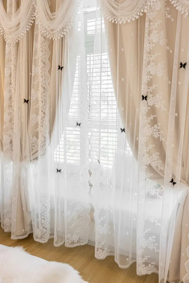 High-end-Stoff Garn Doppel-schicht Volle Schattierung Vorhang Prinzessin Mädchen Schlafzimmer Wohnzimmer Spitze Erker Fenster Balkon tür Vorhänge – Detail 14