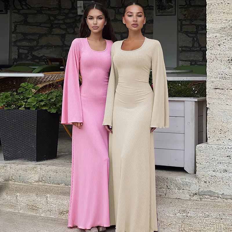 

New Scoop Neck Lace-Up Ribbed Maxi Dress Female Long Sleeve Fashion Slim Loose Bandage Dress Autumn 2024 Solid Women Dress New