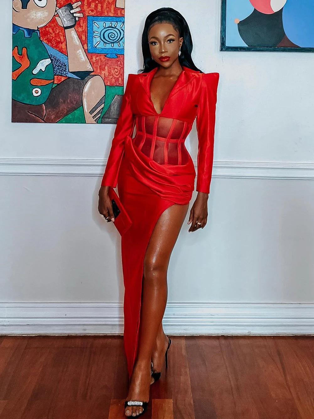 

Women Sexy Red Long sleeved V Neck Backless Lace-Up Cut Out Design Asymmetric Maxi Bodycon Celebrity Cocktail Club 2023 Dress