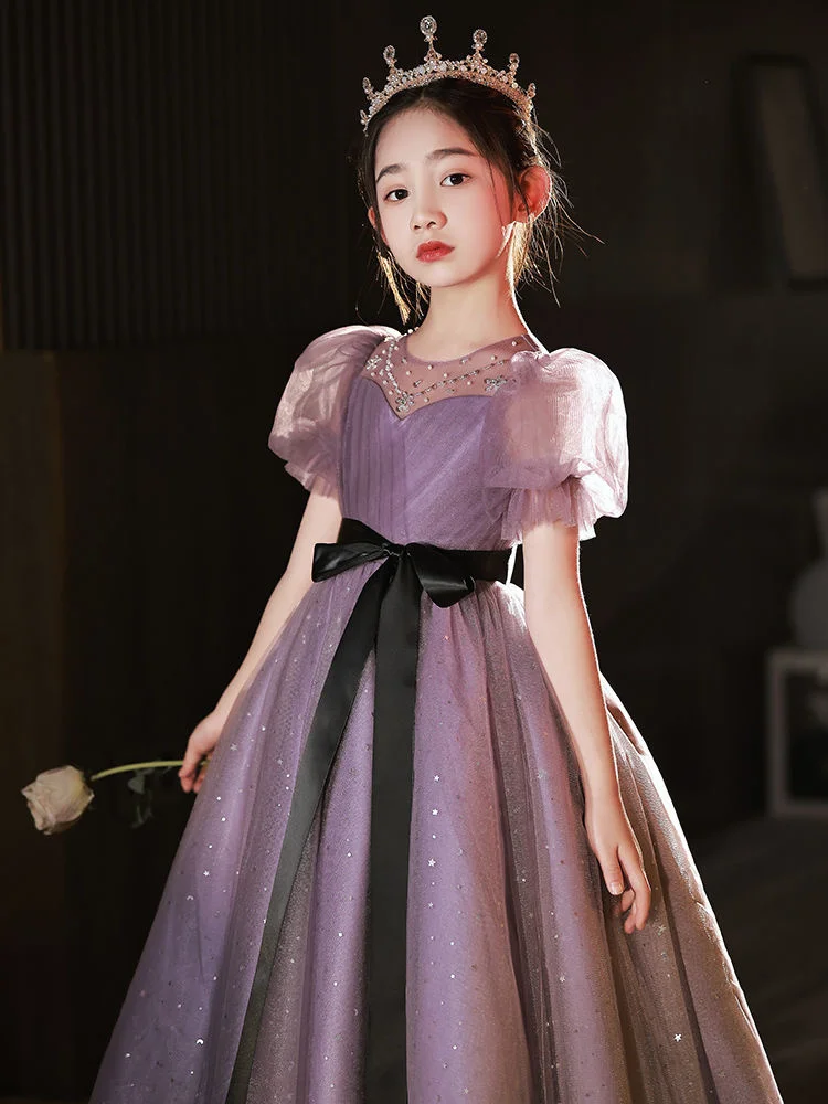 

Girls' High-end Dress, Children's Purple Princess Dress, Child' Flower Bow Dress With Folded Gauze Performance Suit