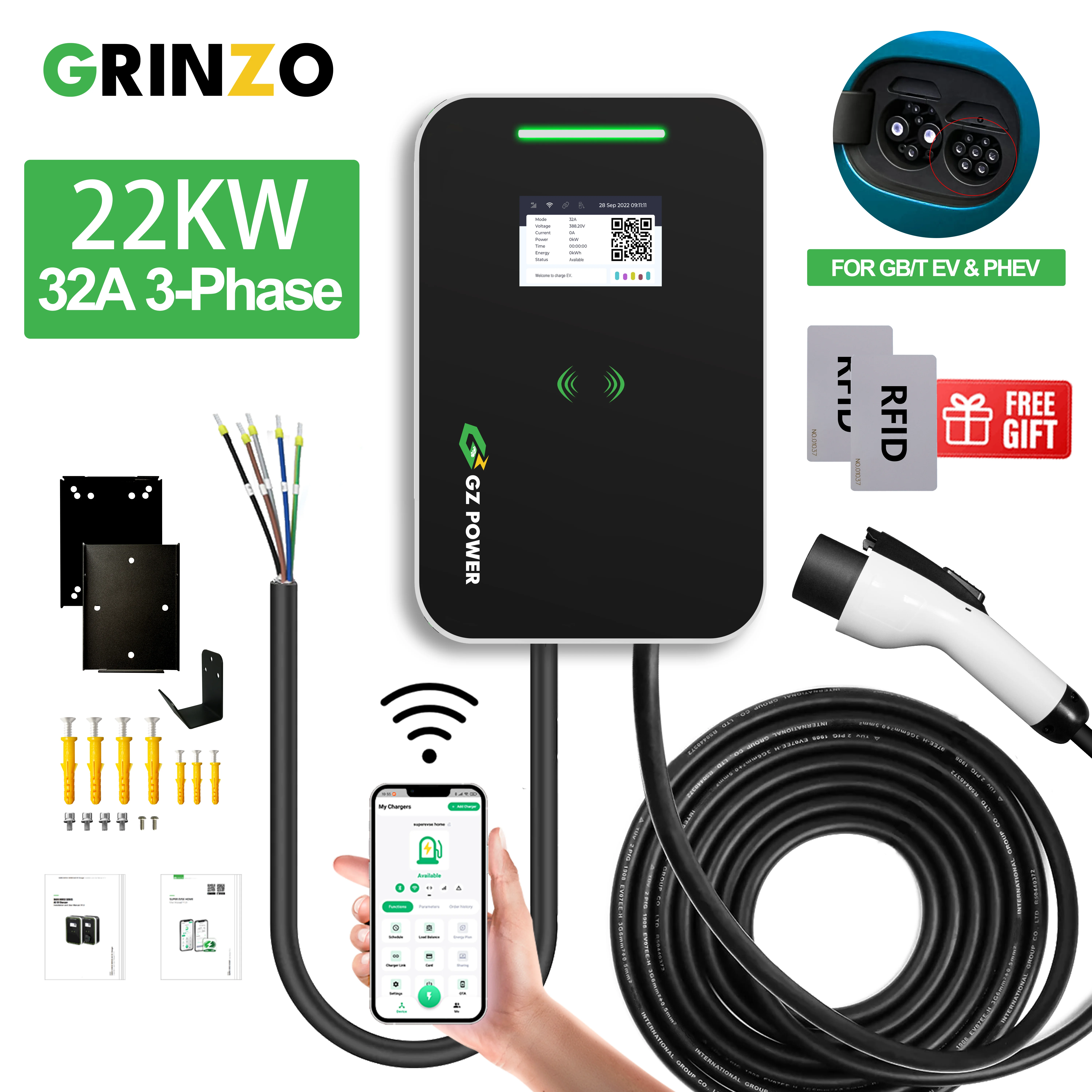 

22KW 32A 3phase Electric Car Charging Station with RFID Cards EV Chargers Type2/GBT EV Wallbox Charger IEC62196-2 GBT20234
