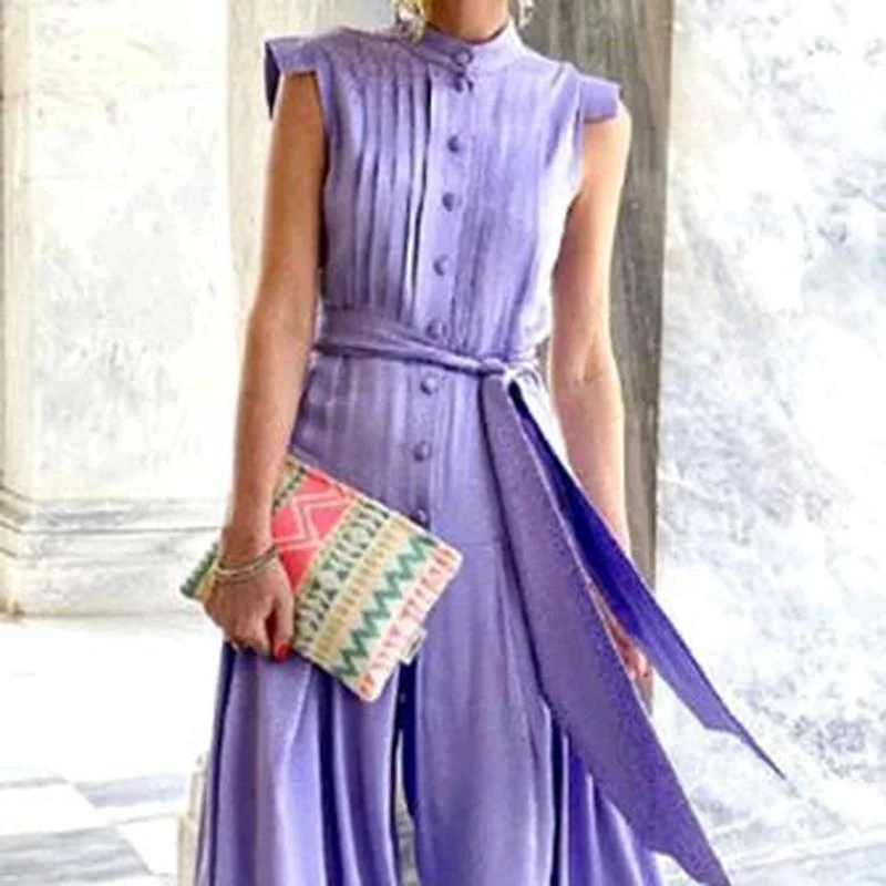 Summer Fashion Stand Collar Chiffon Button Printed Lace-up Wide-leg Pants Jumpsuit Elegant Slim Sleeveless Loose Party Jumpsuits