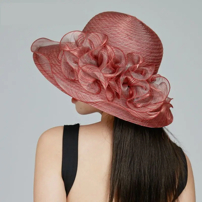 

2023 New Summer Wide Brim Bucket Hat For Women Elegant Flower Organza Sun Hats Ladies Kentucky Derby Wedding Party Dress Hats