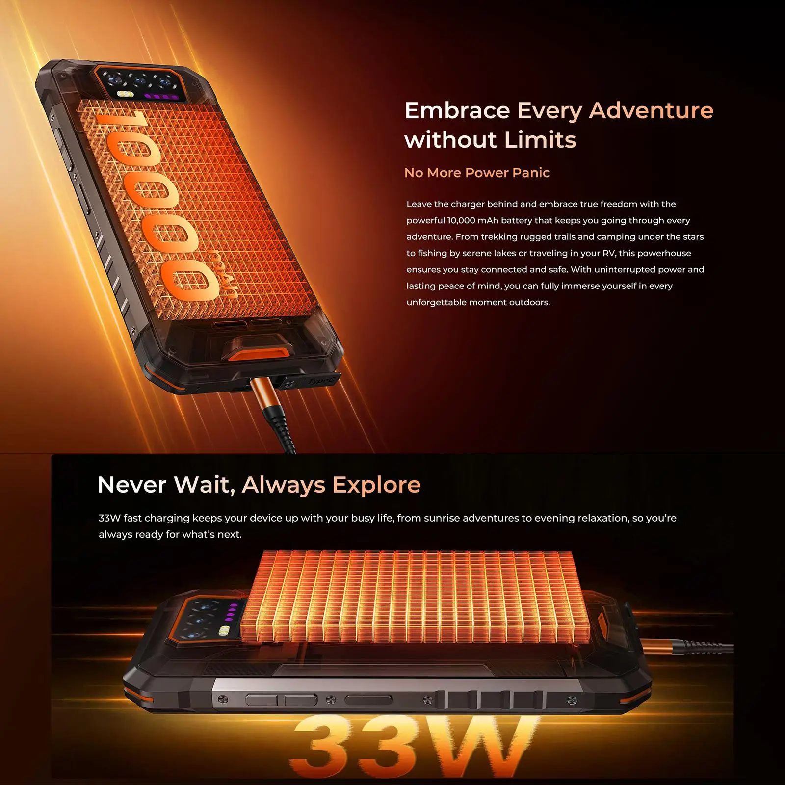 OUKITEL WP58 PRO 5G Rugged Phone 8GB+512GB 6.7'' Display 10000mAh 33W Android 15 NFC Cellphone UMS9621S Octa Core Camping Lamp